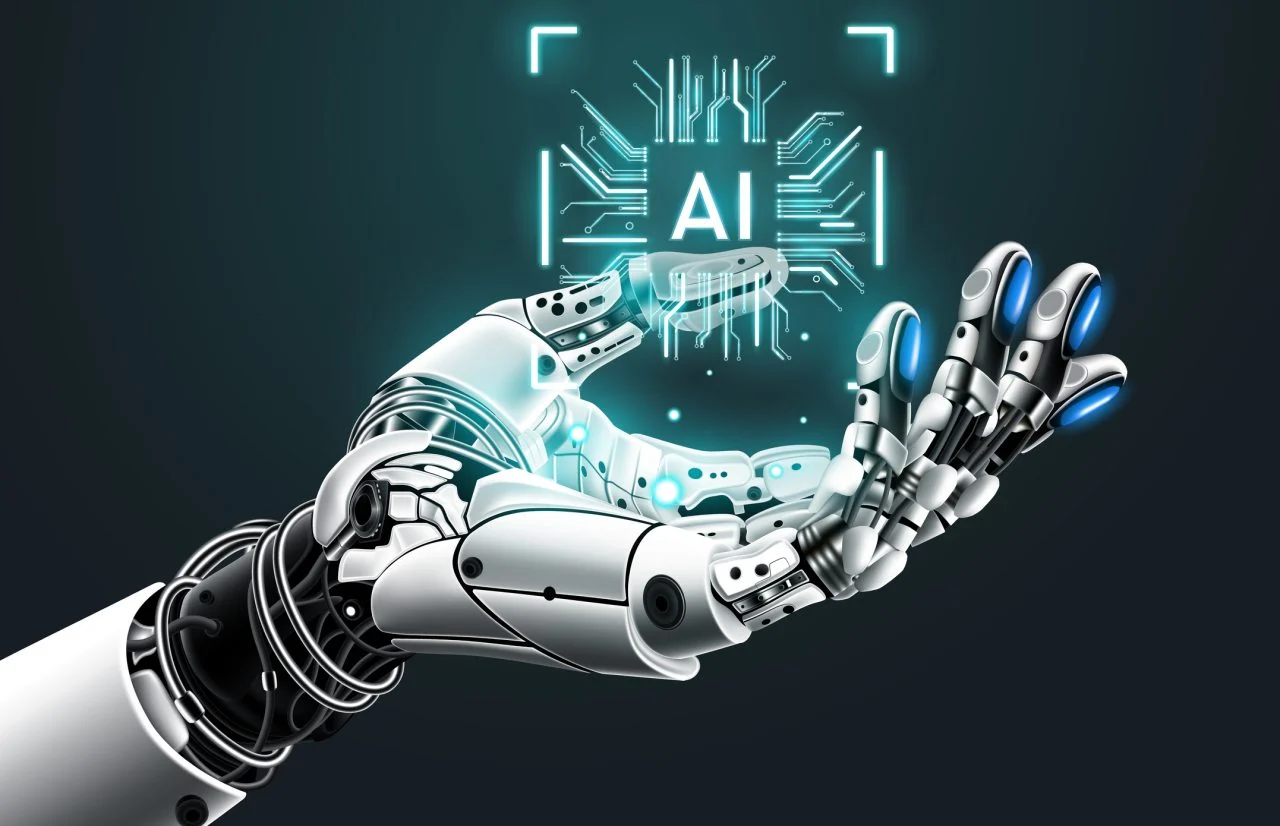 AI humanoid hand holding AI Logo on microchip hologram, Future cybernetic artificial intelligence technology concept, vector illustration