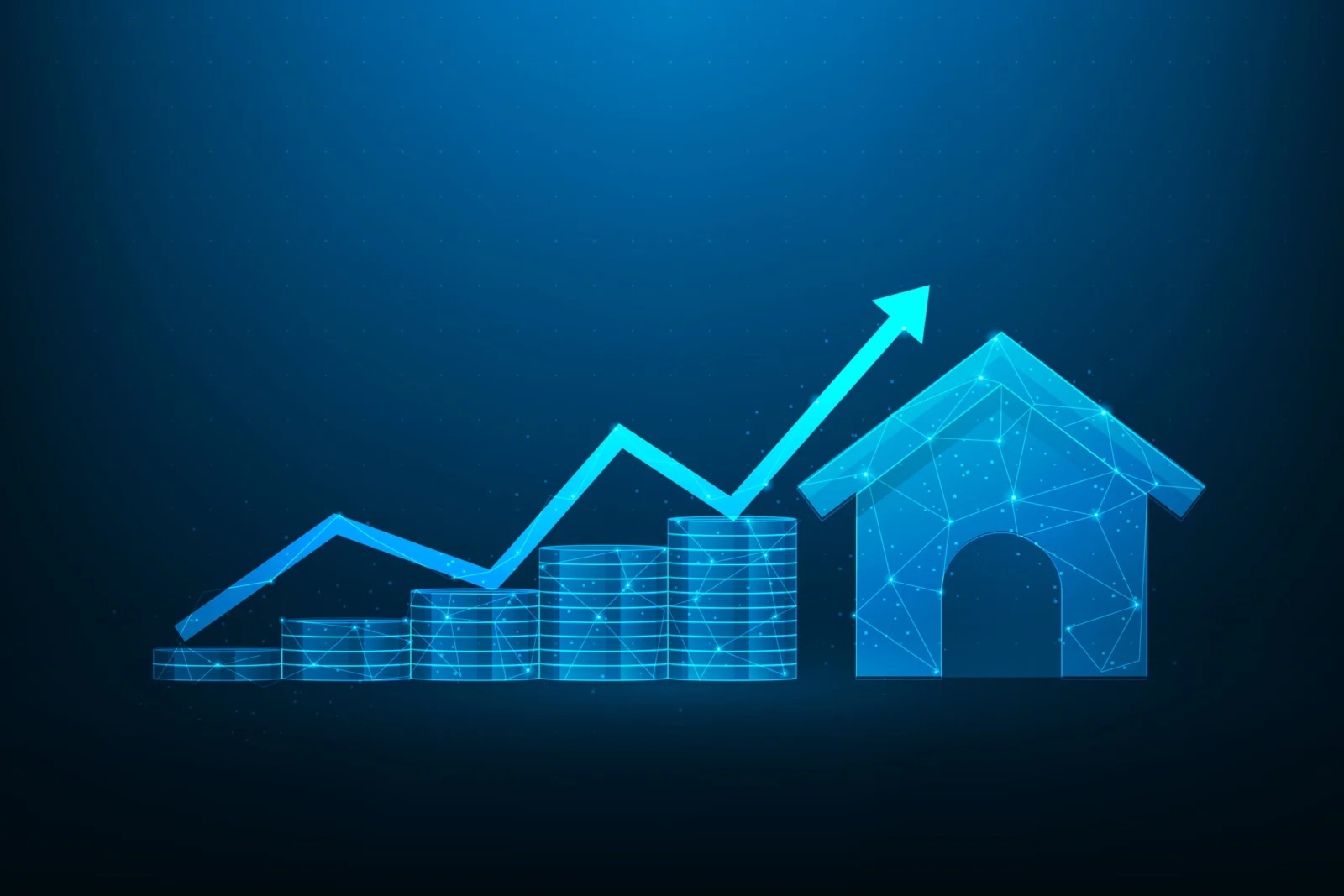 ราคา บ้าน business income investment and coin stack growth with home technology Finance and real estate trading Installment and home rental arrow up graph money vector illustration fantastic