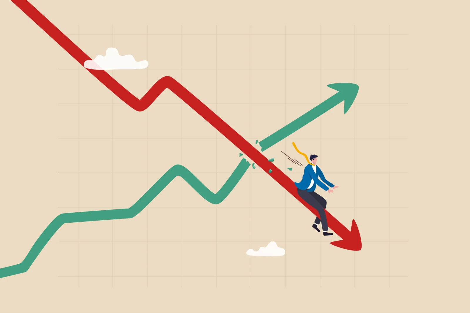 Stagflation, economic slow down or recession while inflation high up, GDP growth decrease causing by unemployment concept, fearful businessman riding fall down economic graph with inflation high up