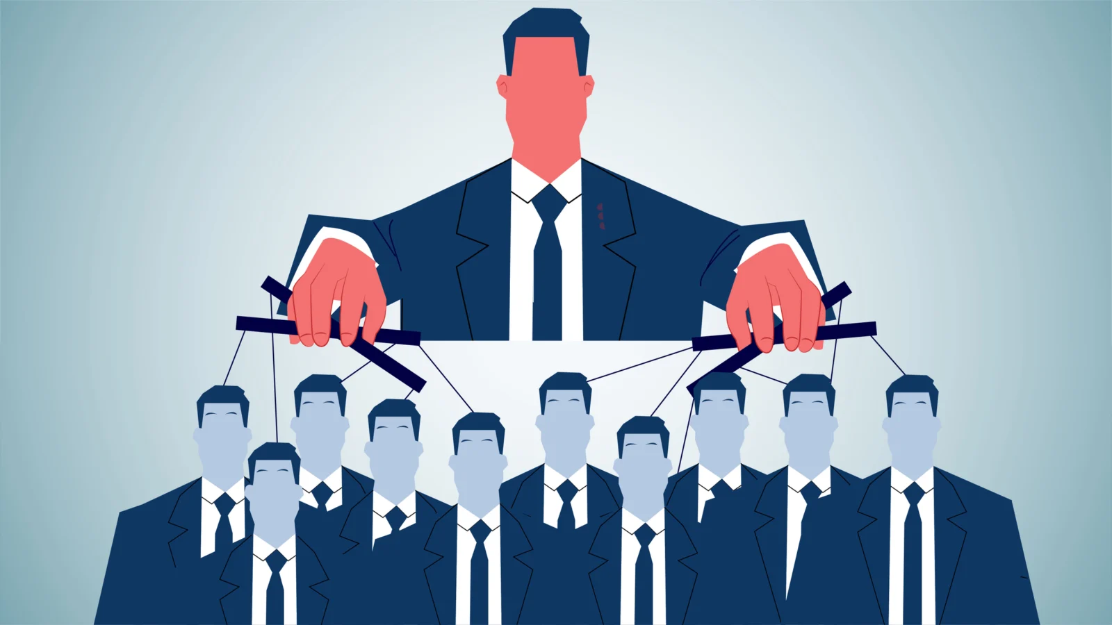 Bosses controlling every employee, human resource management, manipulation of mannequins, authority and power, giants standing behind the scenes dictating the actions of a group of businessmen